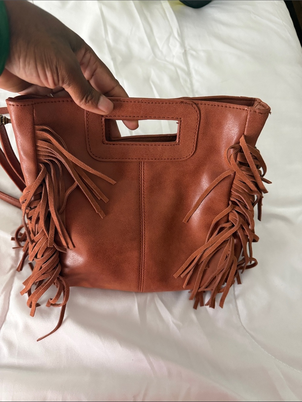 Fringed Faux-Leather Tote Bag in Cognac